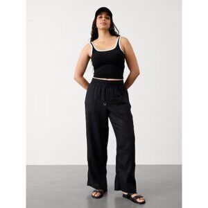 Athleta Retreat Linen Wide Leg Black Pants Drawstring SIze L Pockets Slouchy